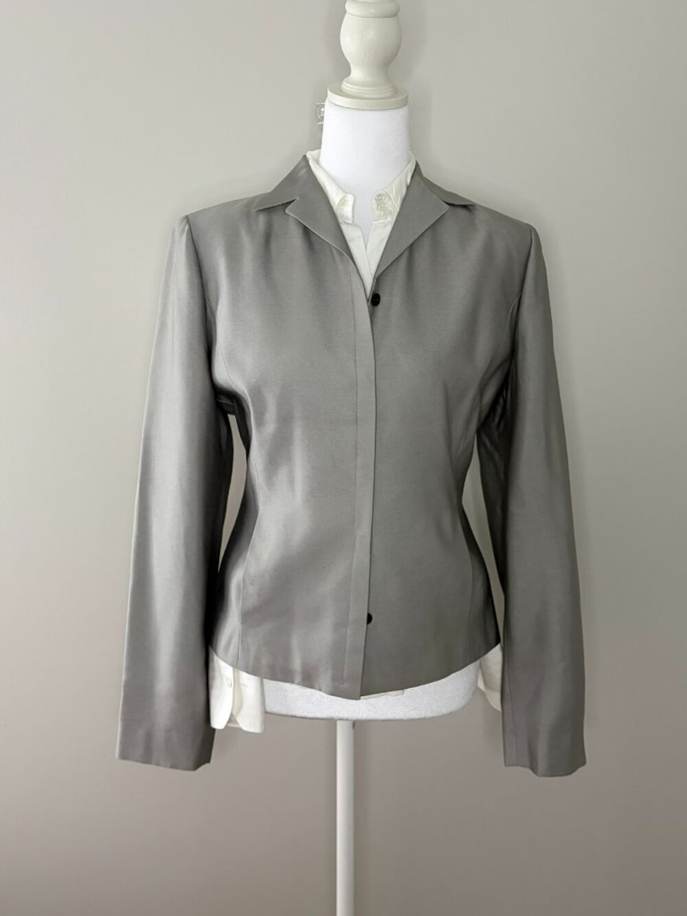 Vintage 90s Ann Taylor Loft 100% Silk Silver Gray Blazer Jacket Size 6
